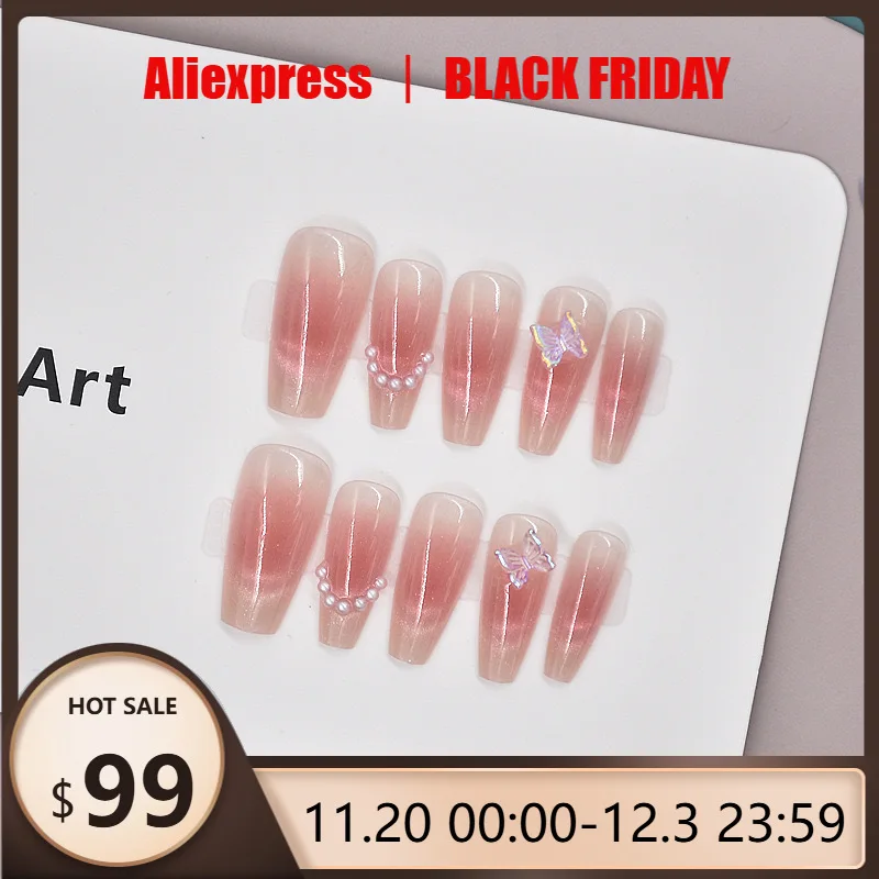 

10pcs Handmade Press on Nails Pink Butterfly Cat-Eye Full-Coverage Nail Tips for Women&Girl Short Detachable Wearable Nail Art