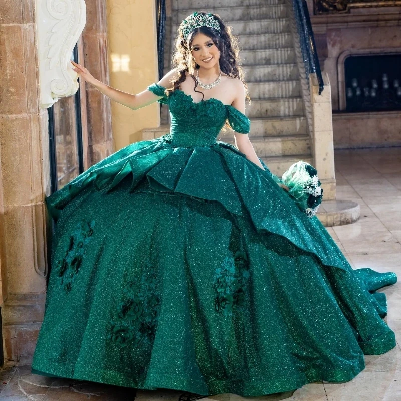 Luxury Emerald Green Ball Gown Quinceanera Dresses Shiny Applique Lace Tull Bridal Gown Party Bride Dresses Vestidos 15 De Novia