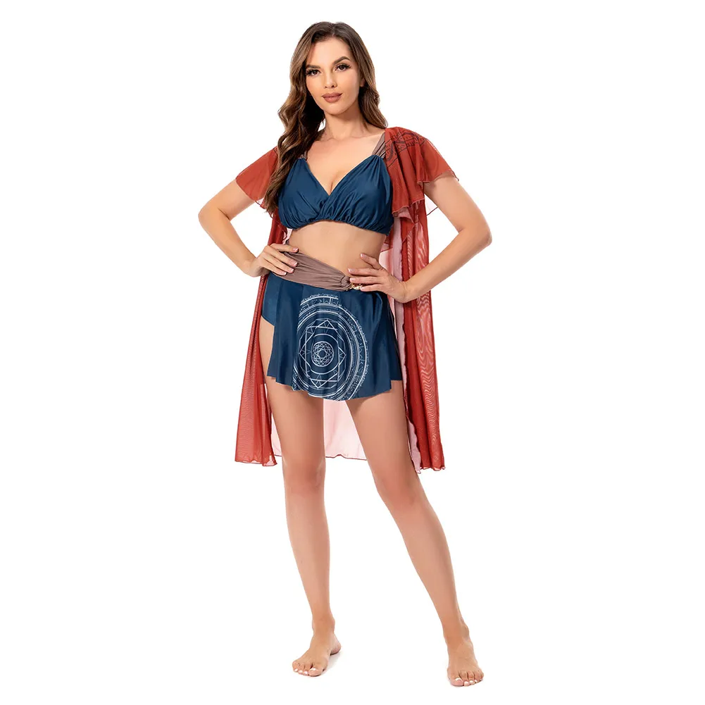 Traje de baño de Halloween para mujer, traje de baño con capa Sexy, conjunto de Bikini rojo y azul para verano