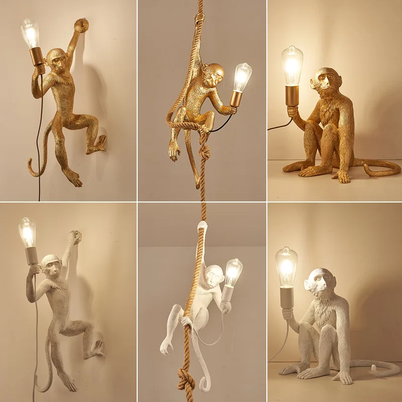 Monkey Pendant Lights Hanging Hemp Rope Ceiling Suspension Lamp Animal Chandelier For Bedroom Restaurant Dining Living Room Bar