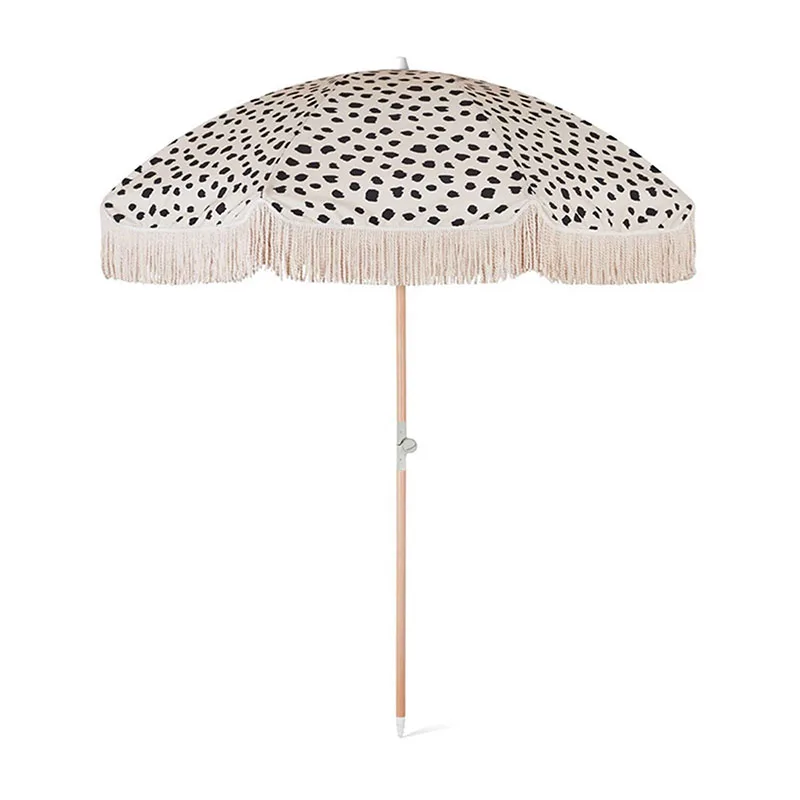 Best Price Aluminum Beach Chair Parasol Umbrella With Wooden Pole Fringed Beach Adjustment Cotton Tassels Outdoor
