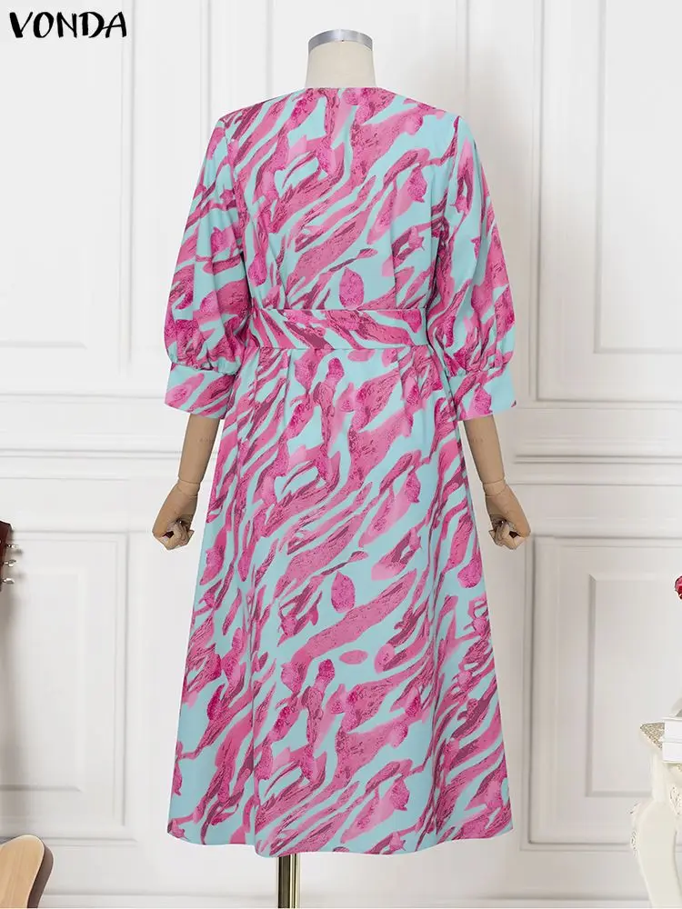 VONDA Plus Size Dresses Women Bohemian Print Midi Sundress Autumn 3/4 Sleeve Belted Casual Long Robe O-Neck Holiday Vestidos 5XL
