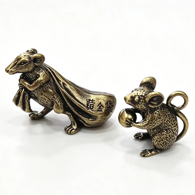 Pure Copper Mouse Offering Peach Figurines Miniatures Creative Cute Rat Lucky Animal Small Desktop Ornament Feng Shui Home Decor