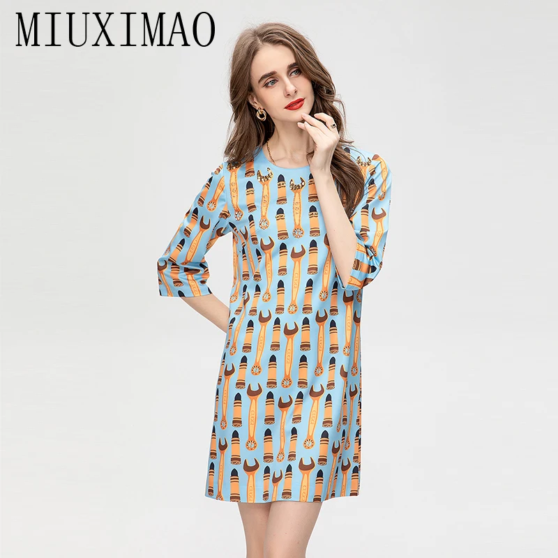 

MIUXIMAO 2023 High Quality Spring&Summer Elegant Dress Diamonds Short Sleeve O-Neck Print Fashion Mini Dress Women Vestide