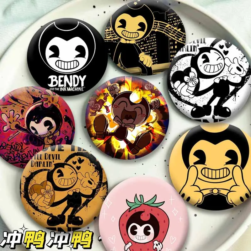 Horror Anime Game Bendy and The Ink Machine Brooch on Backpack Clothes Decor Tinplate Round Badge Funny Lapel Pins Friend Gifts