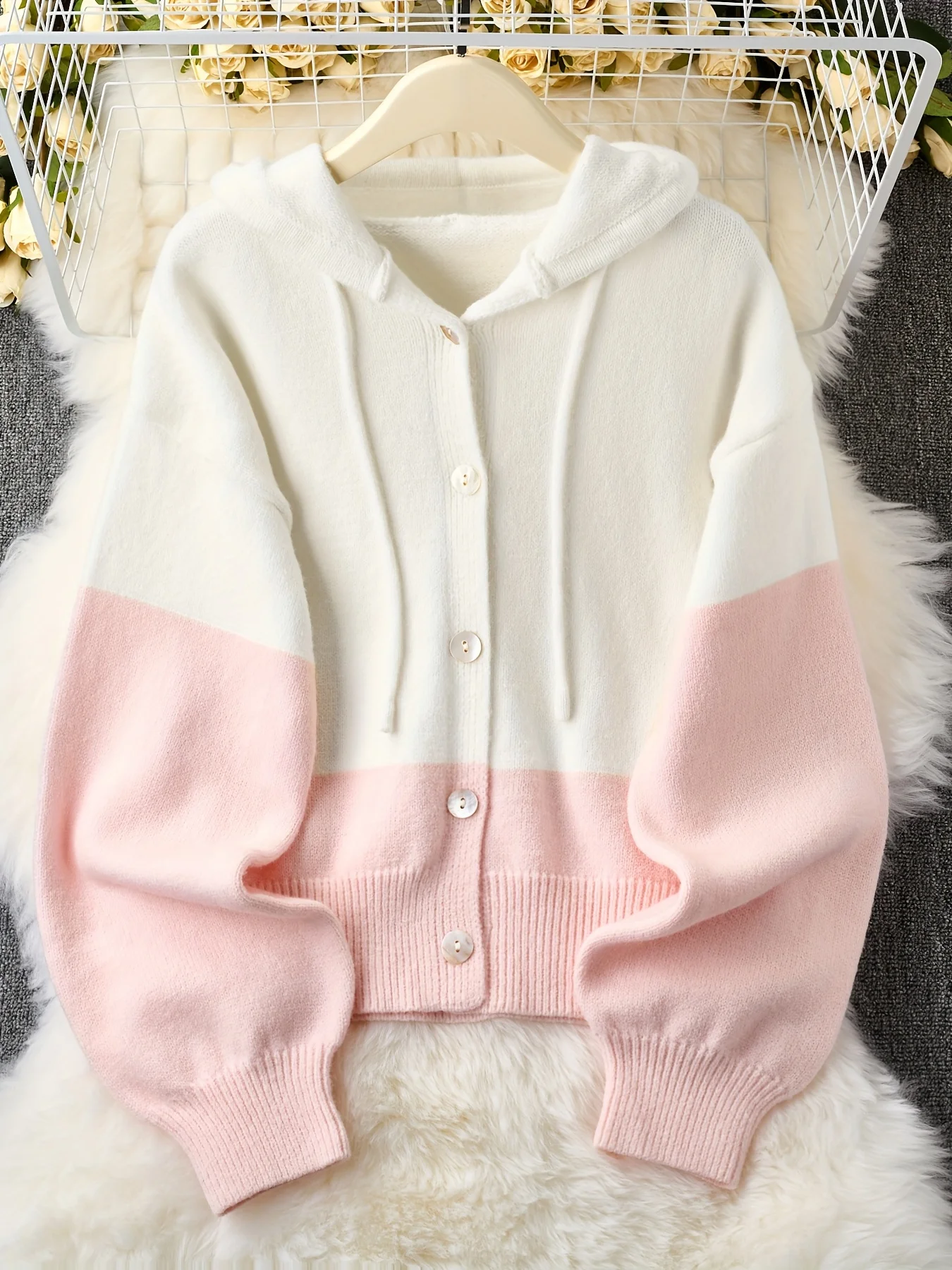 

New Autumn Winter Women Long Sleeve Knitted Sweater Fashion Casual Pink White Color Block Hooded Sweater Single Breasted Clothes