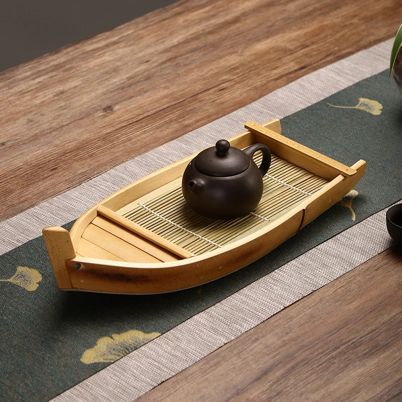 Bamboo Wood Tea Tray Japanese Sashimi Tray Boat-shaped Fruit Dessert Container Restaurant Decoration Kitchen Tableware