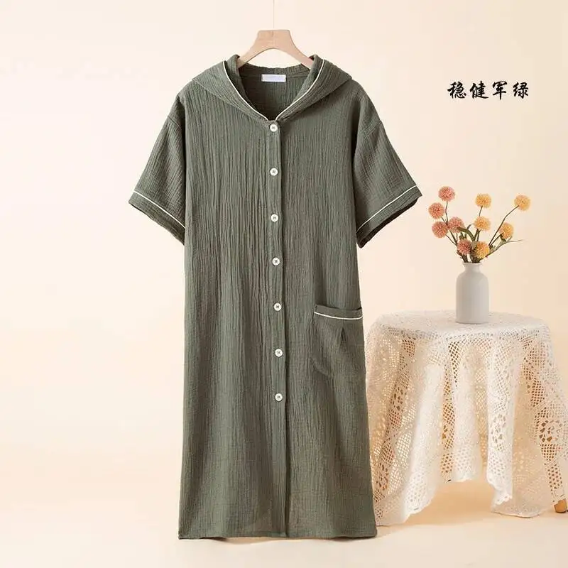 سترة صوفية بغطاء للرأس من القطن للأزواج الصيفية، رداء حمام منزلي بأكمام قصيرة، مقاس كبير، ثوب نوم للنساء