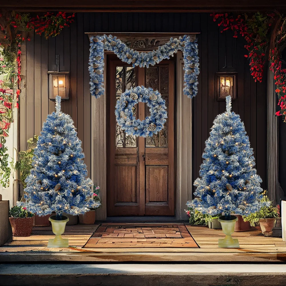 Pre-lit Xmas 4-Piece Set: Garland, Wreath, 2 Entrance Trees with LED. Ideal X-mas Decoration Set.