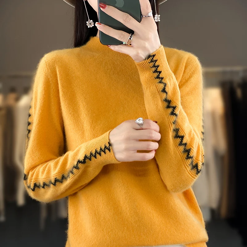 2023 Autumn Winter New 100% Merino Wool Women Half High Collar Sweater Knitted Pullover Long Sleeve Casual Top Clothes M-8138