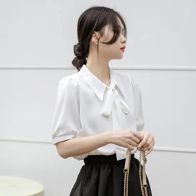 Summer New Blouses For Lady Vintage Elegant Women Work Wear Casual Short Sleeve Shirts Chiffon Solid Tops 2024 New Clothes