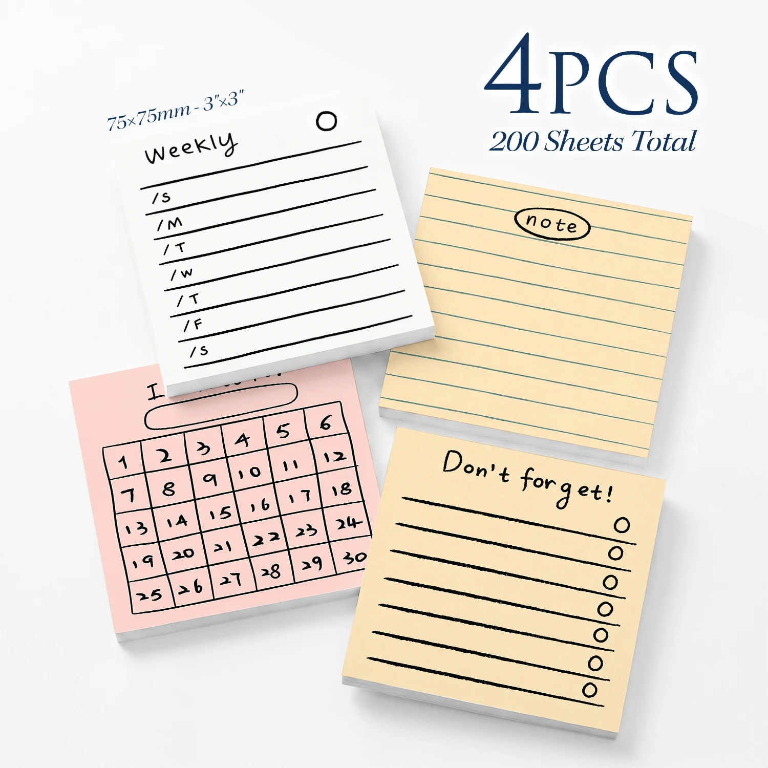 4pcs Sticky Notes 3x3 Inch, 75x75mm Self Stick Memo Pads, 200 Sheets Total, To Do List Planner Notes, Lined Notepad, Weekly