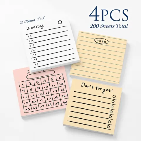 4pcs Sticky Notes 3x3 Inch, 75x75mm Self Stick Memo Pads, 200 Sheets Total, To Do List Planner Notes, Lined Notepad, Weekly
