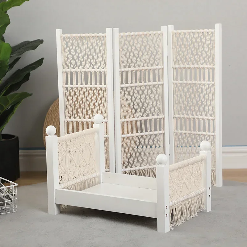 Baby Photography Props Infant Posing Furniture Pine Bed Handmade Cotton Rope Screen Backdrop Newborn Photoshoot Accessories