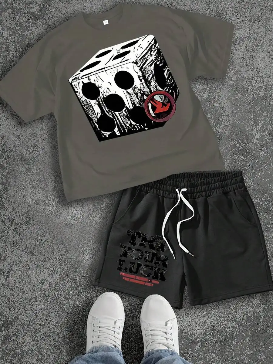 

Mens 2-Piece Short Sleeve T-Shirt And Shorts Set With Dice Print Punk Style Casual Summer Outfit