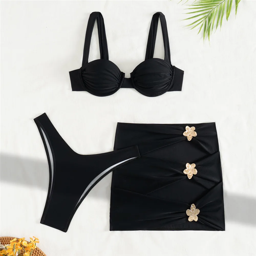 

Black Push Up Bikinis Sets Sexy Swimsuit Cover Ups Women Metal Flower Swimwear High Cut Bathing Suit Beachwear Bikini 2025 Mujer
