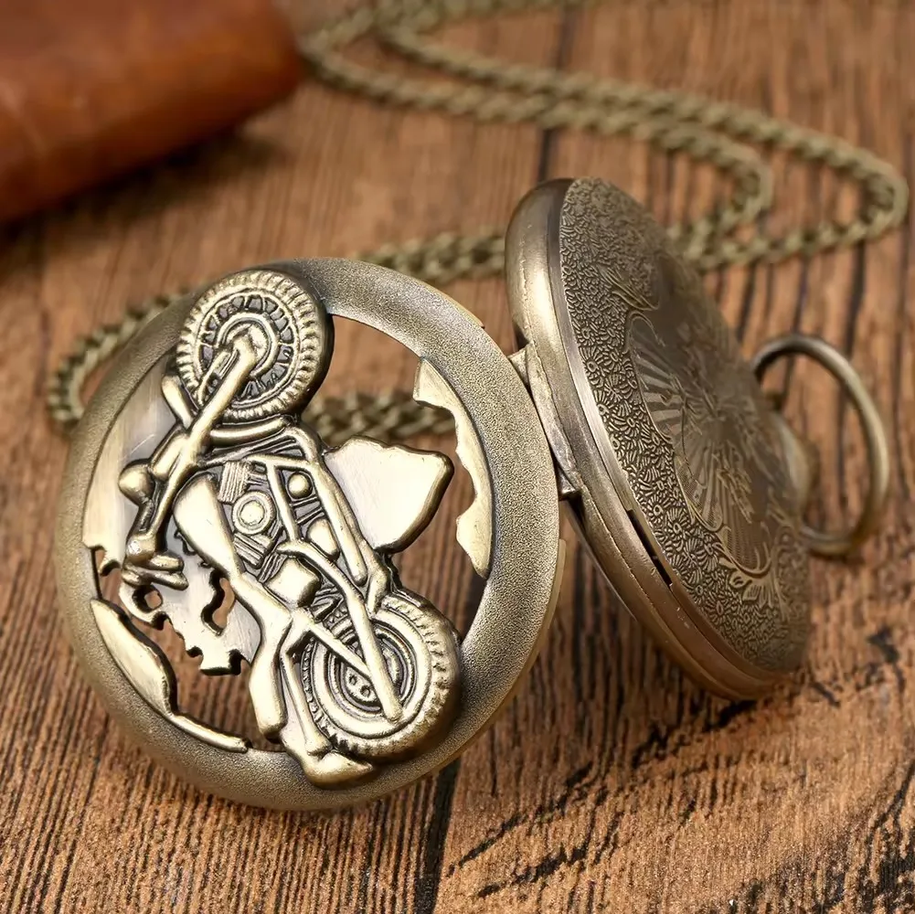 European retro bronze motorcycle pocket watch with flip-top embossed punk style pendant quartz watch for both men and women