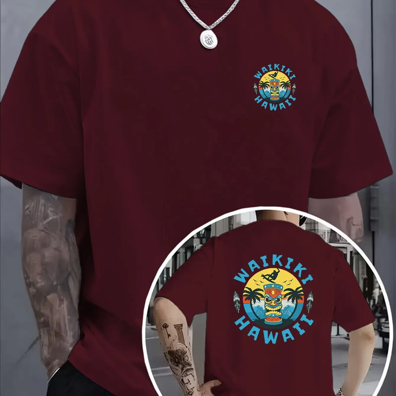 Vintage Waikiki Hawaii Vacation Souvenir Circular Tiki Mask Surfer Wave Back Print Tee Hawaiian Island Loose Fit Men Casual Tops
