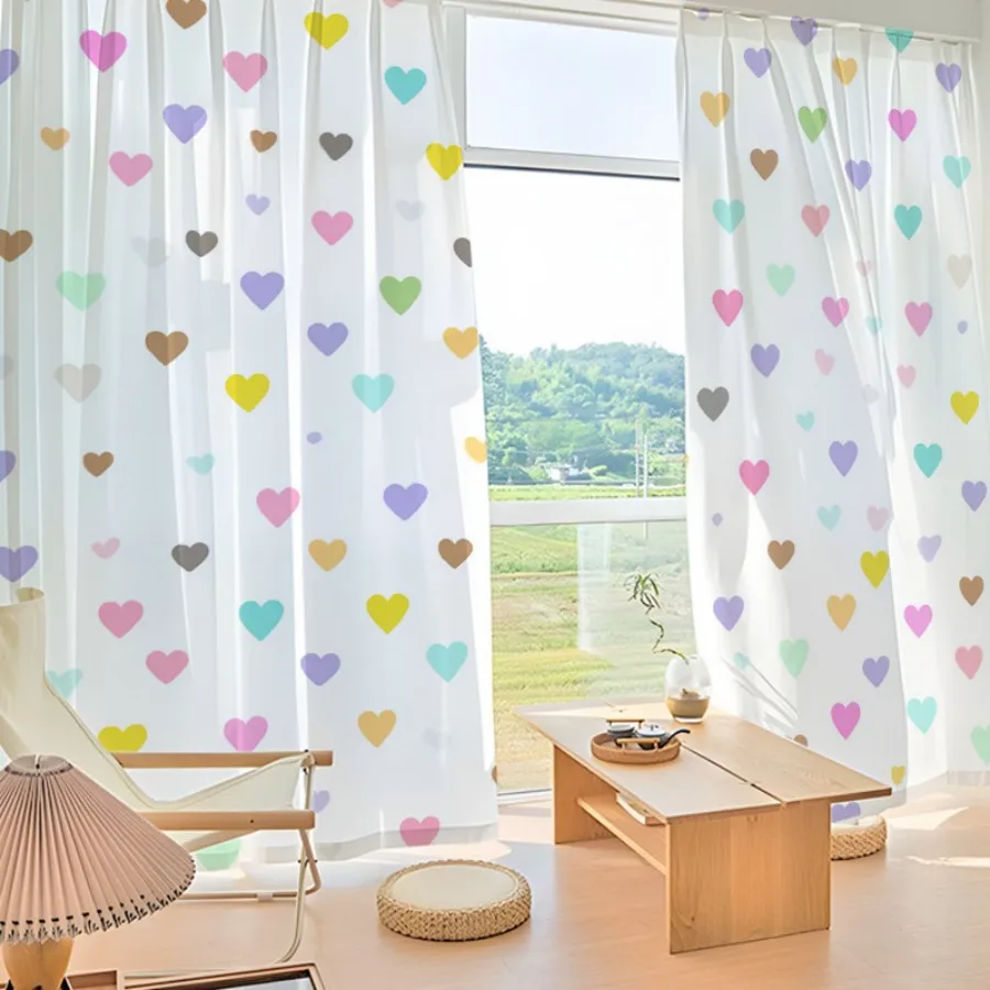 2PCS Digital Print Sheer Curtains, All Over Print Colorful Hearts, Vibrant Playful Romantic for Bedroom Living Room Home Decor