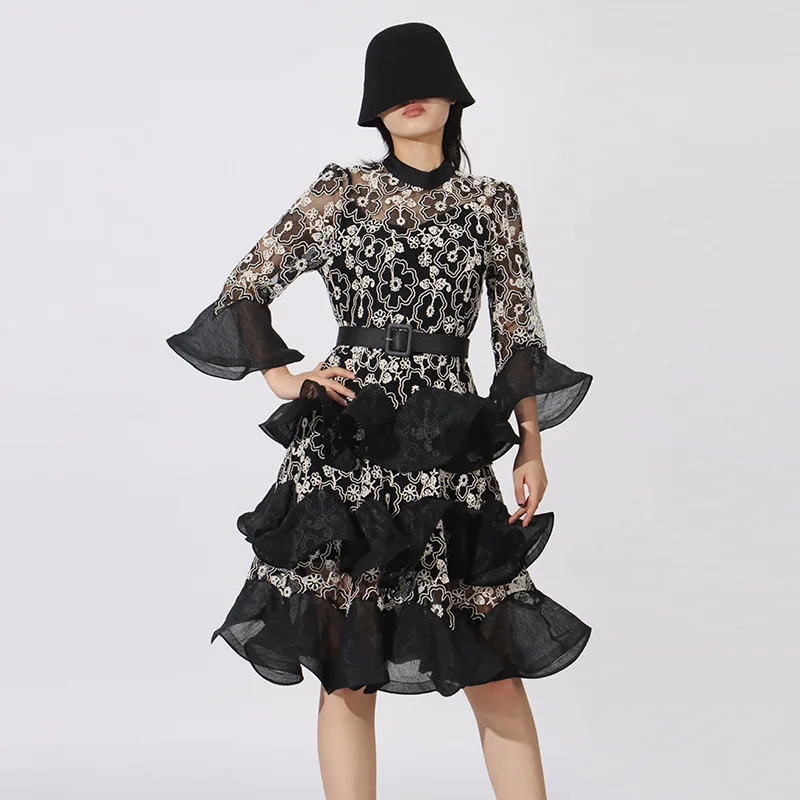 

High Quality Embroidery Tierred Dresses Spring Women Flare Sleeve O Neck Dress Autumn High Waist Black Slim Knee Length Dress