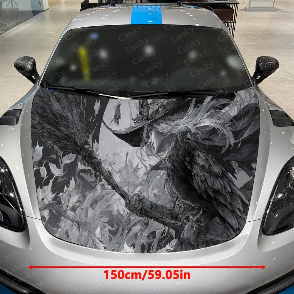 Witch's Familiar Raven on Branches Textural Artistic Fusion Design Car Hood Sticker, Waterproof Self - Adhesive PVC Graphics Dec