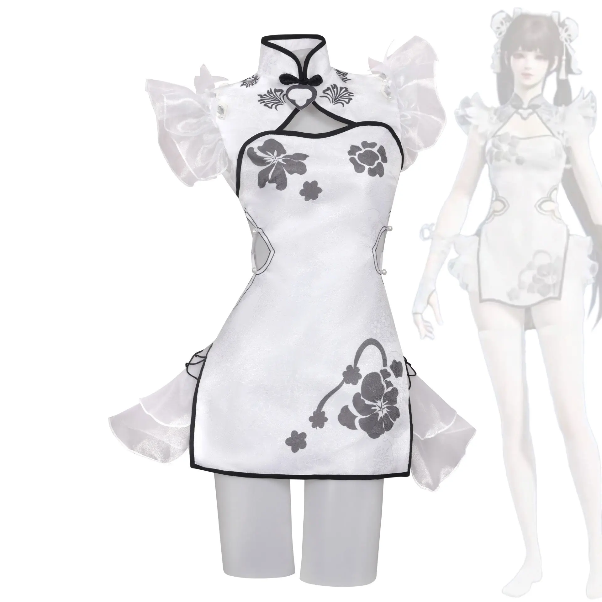 

Women's white printed cheongsam role-playing costume, Chinese style lotus leaf sleeves, modified cheongsam dress, Halloween part
