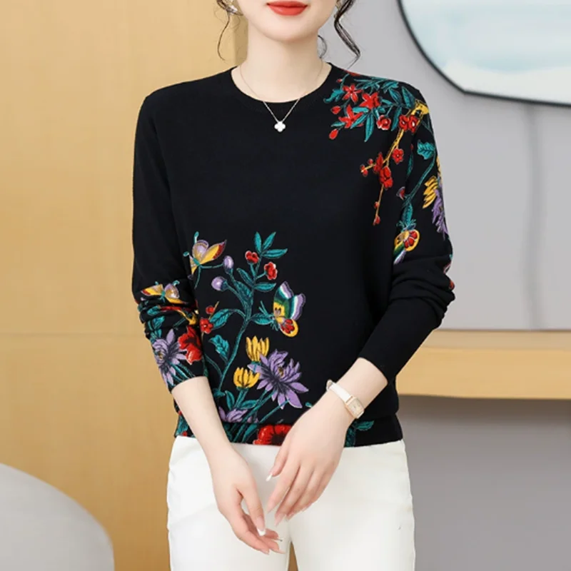 Suéteres e suéteres femininos, gola redonda, manga comprida, pulôver quente, outono inverno, nova moda, estampa de flores, suéter estampado