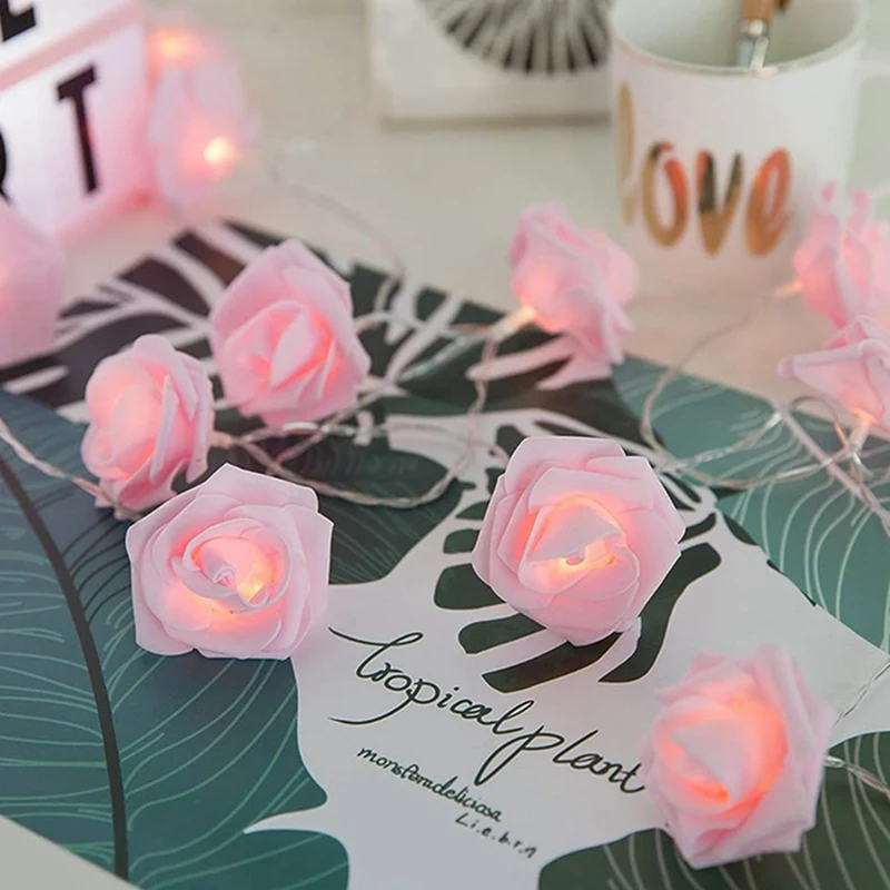 Pink Rose String Lights For Bedroom Battery Operated Flower LED Lights For Outside Romantic Home Dorm Room Festival Fairy Lights