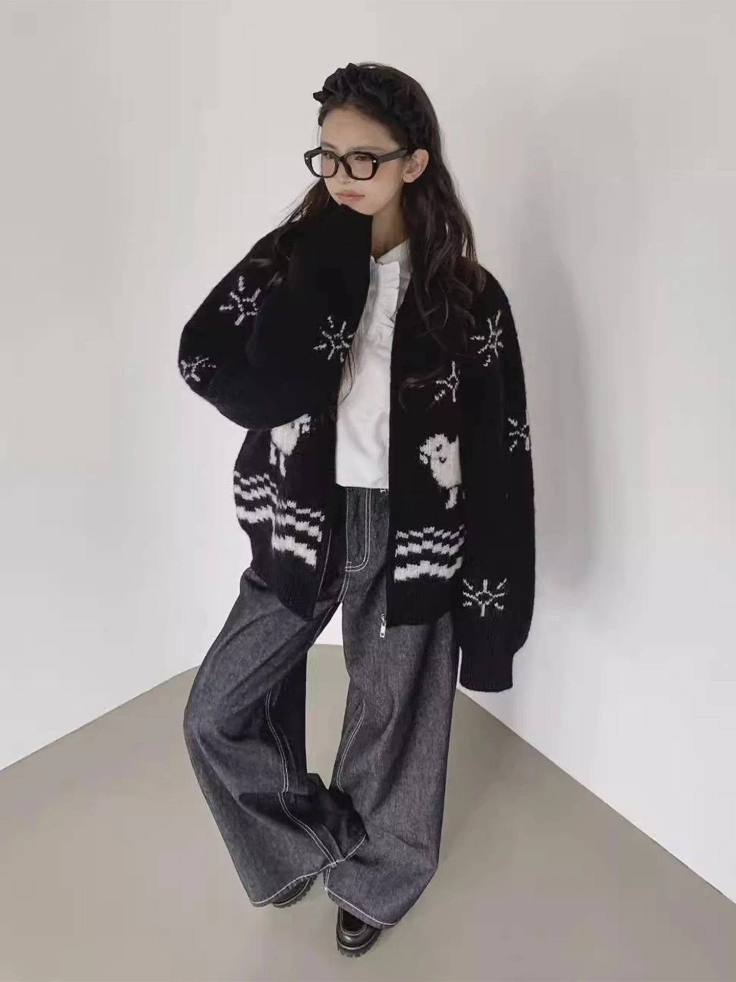 رائعتين مكافحة الشيخوخة اللون بلو الكرتون محبوك سستة Jaet المرأة فضفاضة تناسب شتاء جديد Sle طويل Sve سترة معطف #5