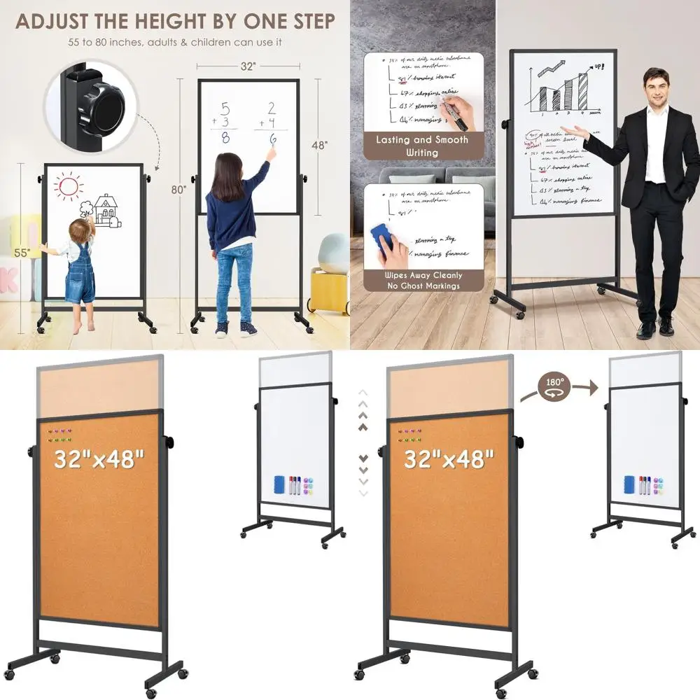 لوح مسح جاف مغناطيسي بارتفاع قابل للتعديل على عجلات، سبورة بيضاء كبيرة مقاس 32 × 48 بوصة مع لوحة مفلين طبيعية لعرض المكتب و #1