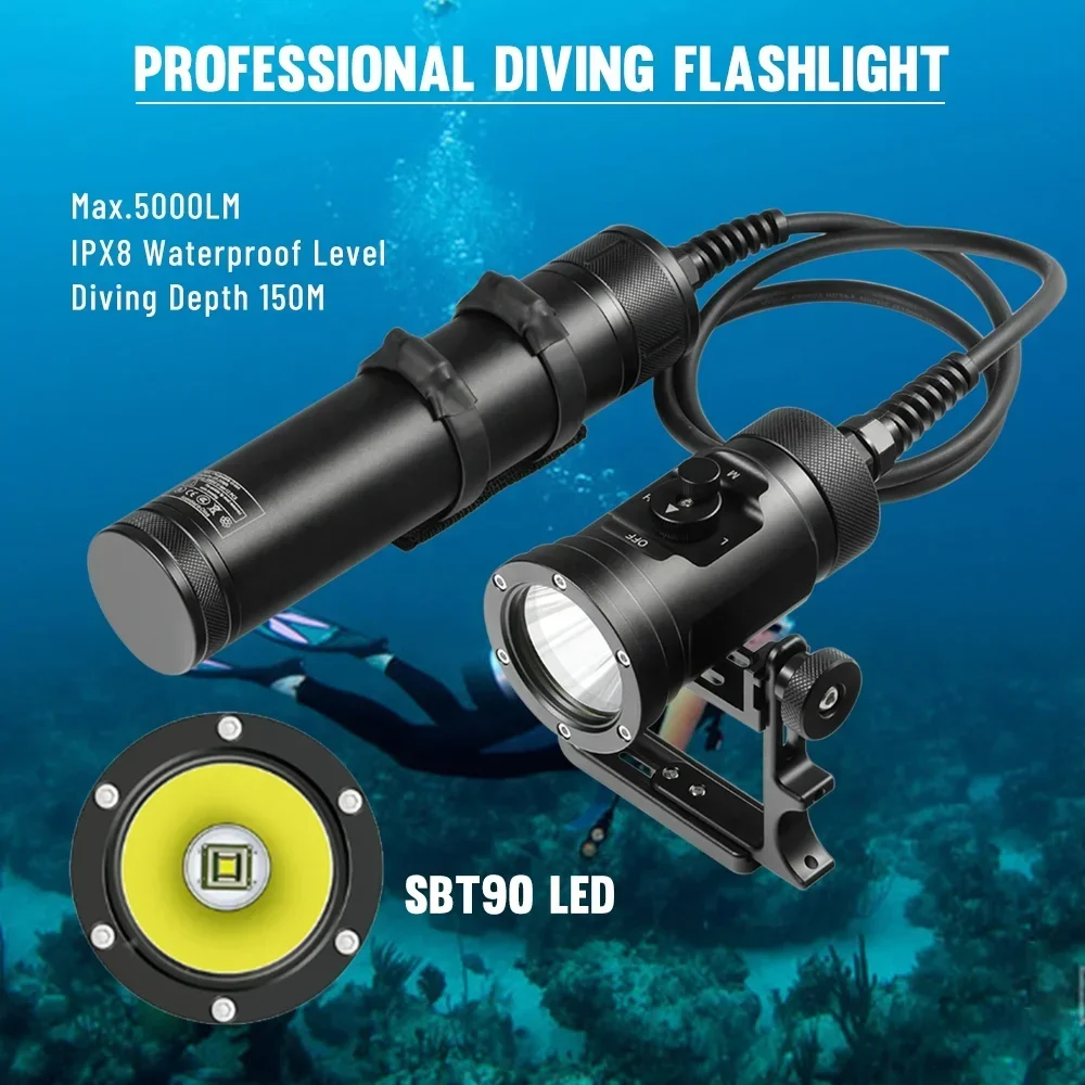 Asafee DT Series SBT90 Light Powerful Diving Torch 5000 Lm Underwater 150m IPX8 Diving 18650 Battery Powerful Led Flashlight