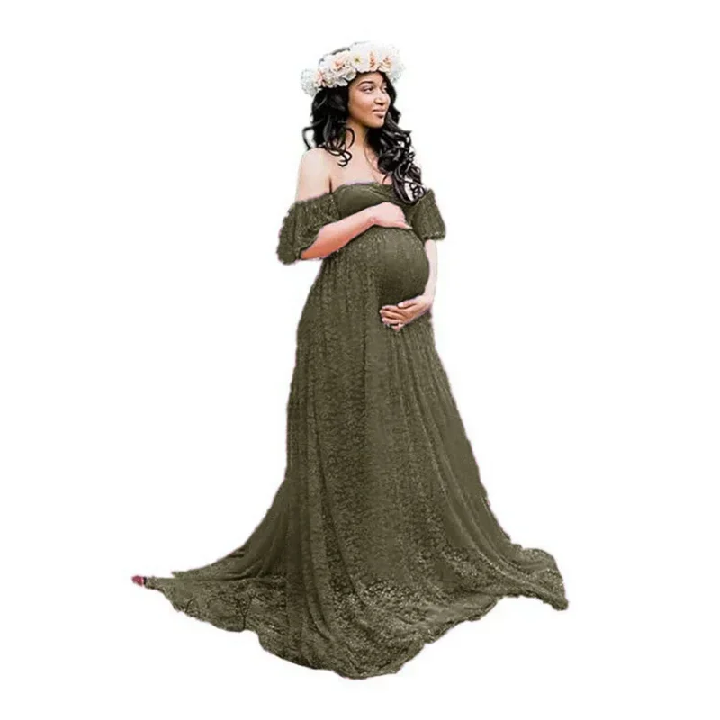 Women Maternity Gown Robe for Photo Shoot  Pregnancy Clothes Dresses Beautiful Lace Tail Short Sleeve Dress