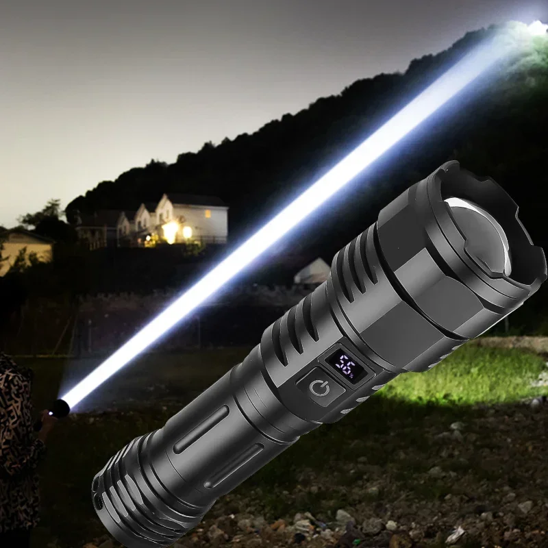High-power flashlight multi-function digital display rechargeable zoom outdoor patrol searchlight