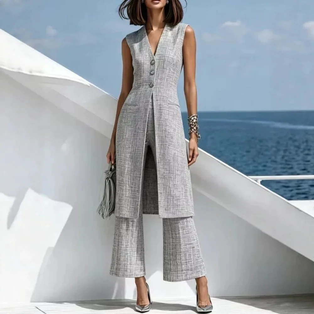 Elegant Gray Long Vest and Pants Suit Set for Women 2026 Office Business Casual Blazer