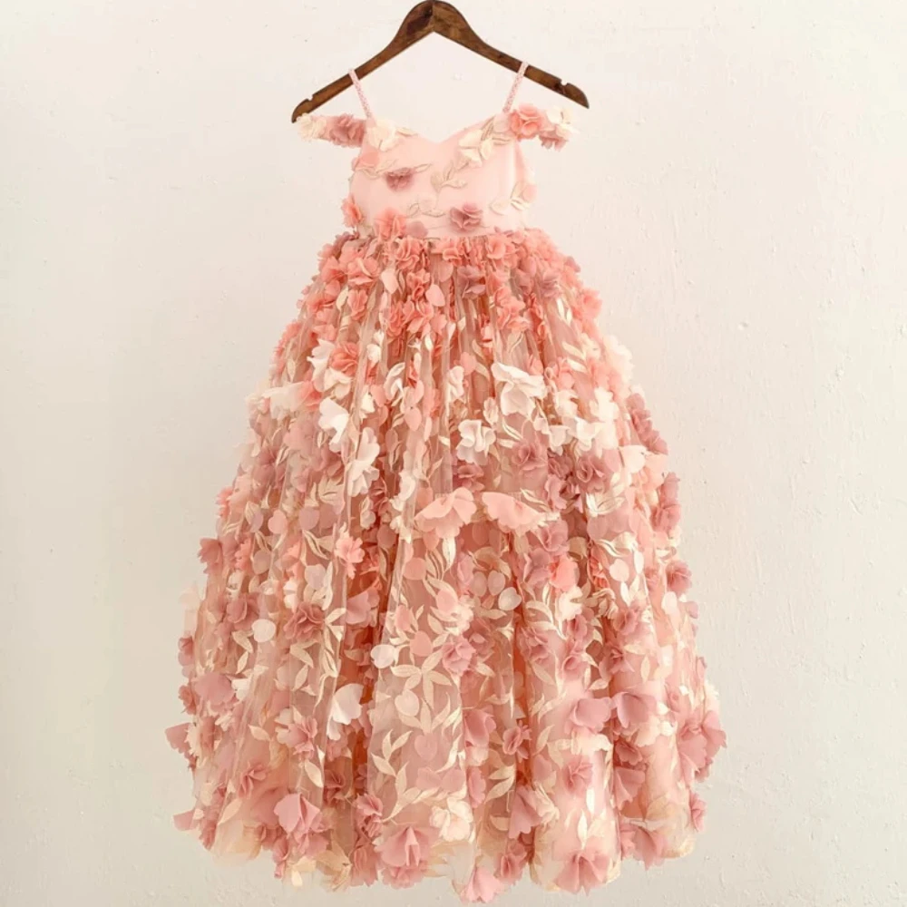 Luxury Pink Girls Pageant Dresses for Photo Shoot Floral Appliques Kids Birthday Prom Gowns Children Wedding Bridemaid Dress