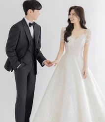 SONDR V Neck Sparkly Vintage Custom Made Wedding Gown 웨딩드레스 Civil Korea Ivory Brides Gowns A-Line Elegant Women Bridal Dresses