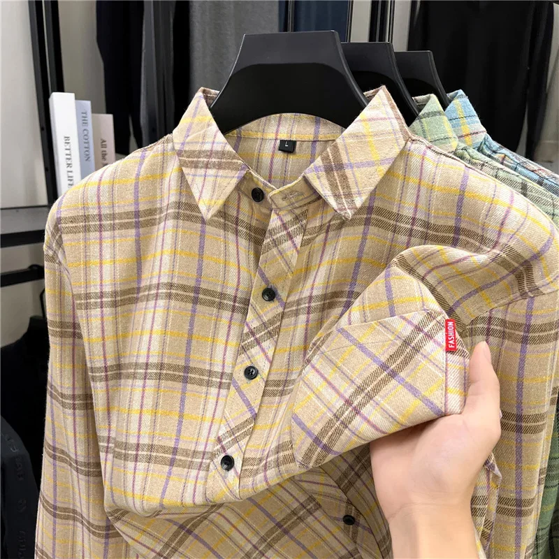 Loose Fit Grid Plaid Shirt Male Long Sleeve Pocket Tag Design Breathable Casual Outdoor Leisure Shirt Jacket