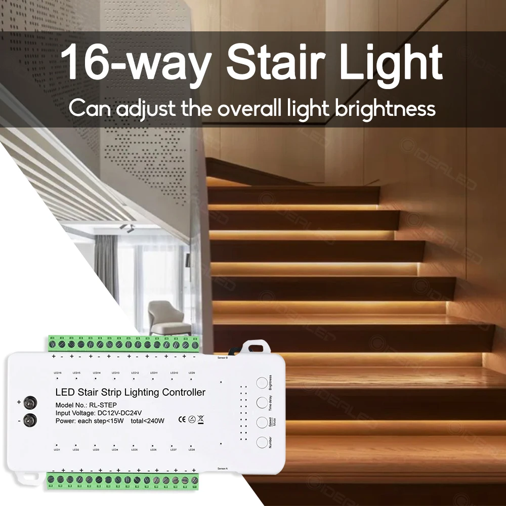 LED Stair Step Motion Sensor Light 16-way Controller Dimming Indoor Motion Night light 12V/24V Flexible Home Ambient Lighting