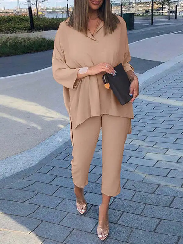 Casual Women Set Fashion Round Neck Top + Trousers Office Ladies 2-piece Suit Loose V Neck Vintage Female Outfits 2023 Autumn