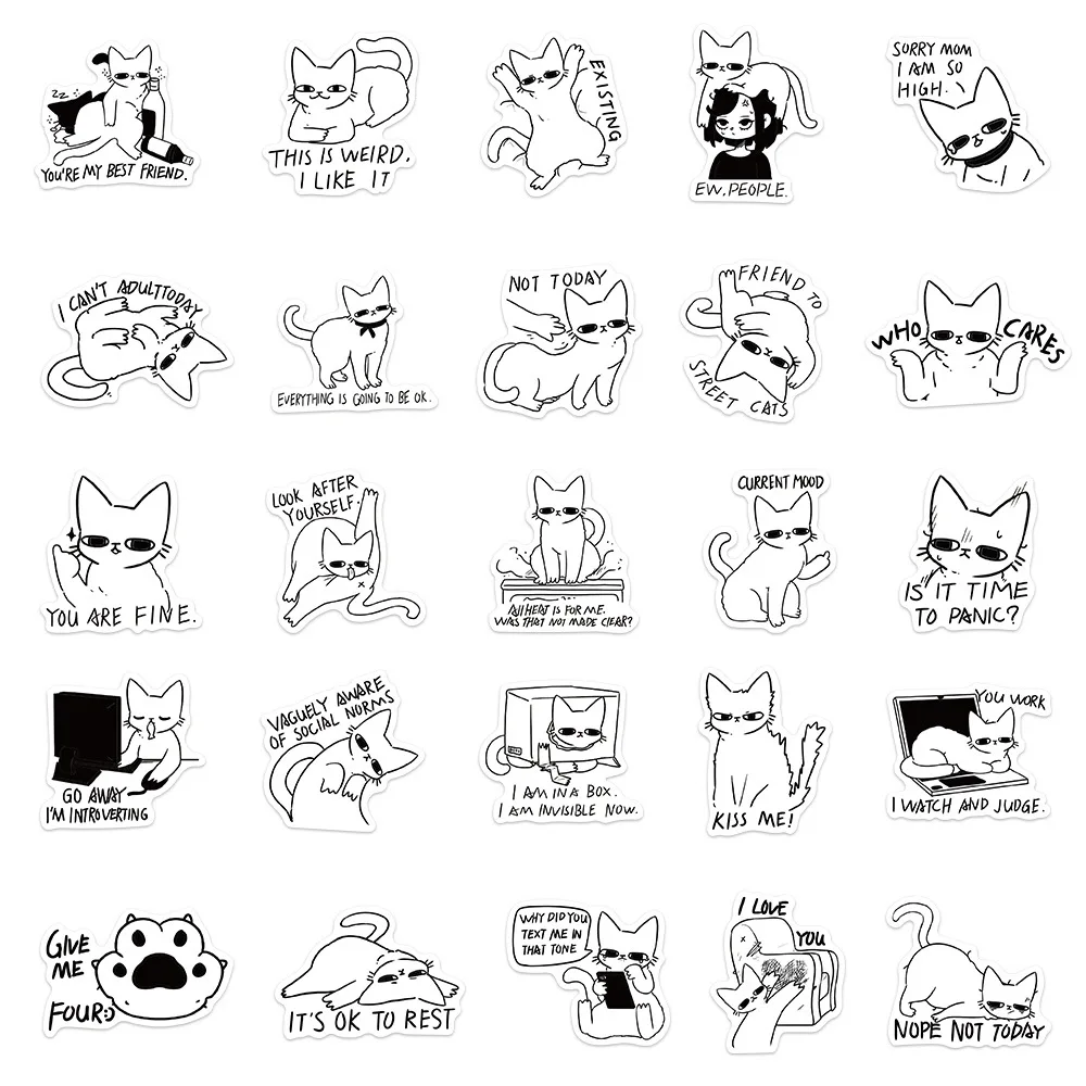 10/50pcs Fun Cat MEME Waterproof Graffiti Sticker Aesthetic Decorative Luggage Cup Guitar Laptop Phone Notebook Kids Stickers