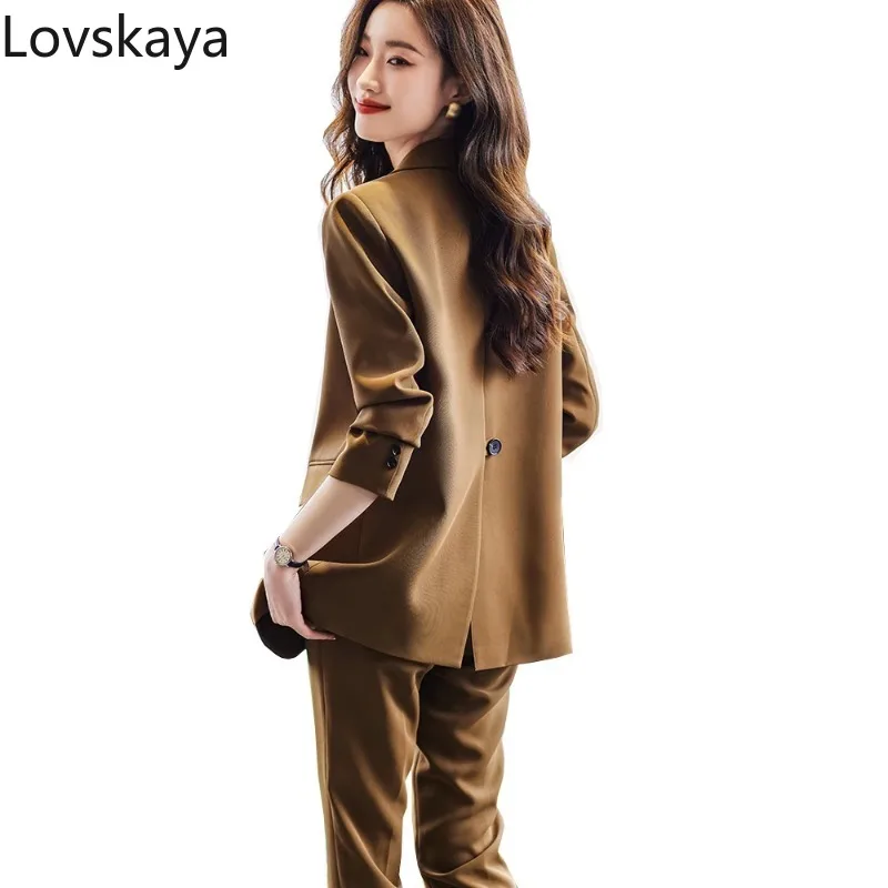 

Ladies Coffee Blue Black Solid Formal 2 Piece Set Female Business Work Wear Loose Jacket Blazer And Trouser