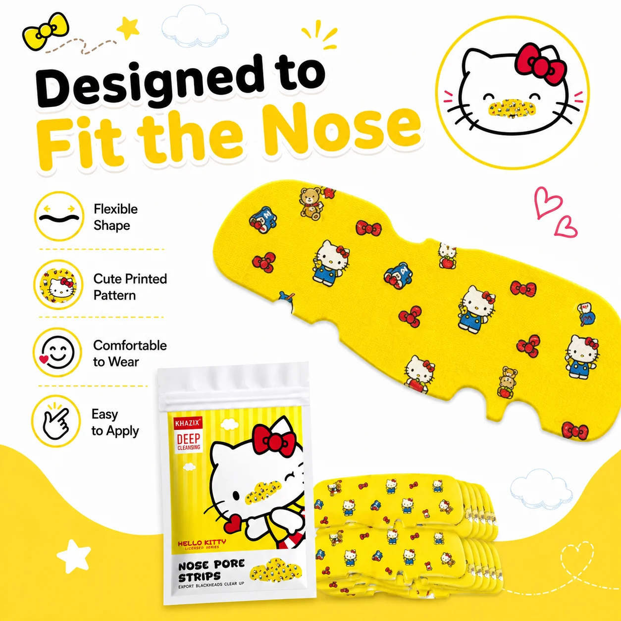10pcs Hello Kitty Cute Nose Pore Care Strips, Cartoon Nose Strip Kit with Cleaning Tools, Portable Facial Skin Care Accessories