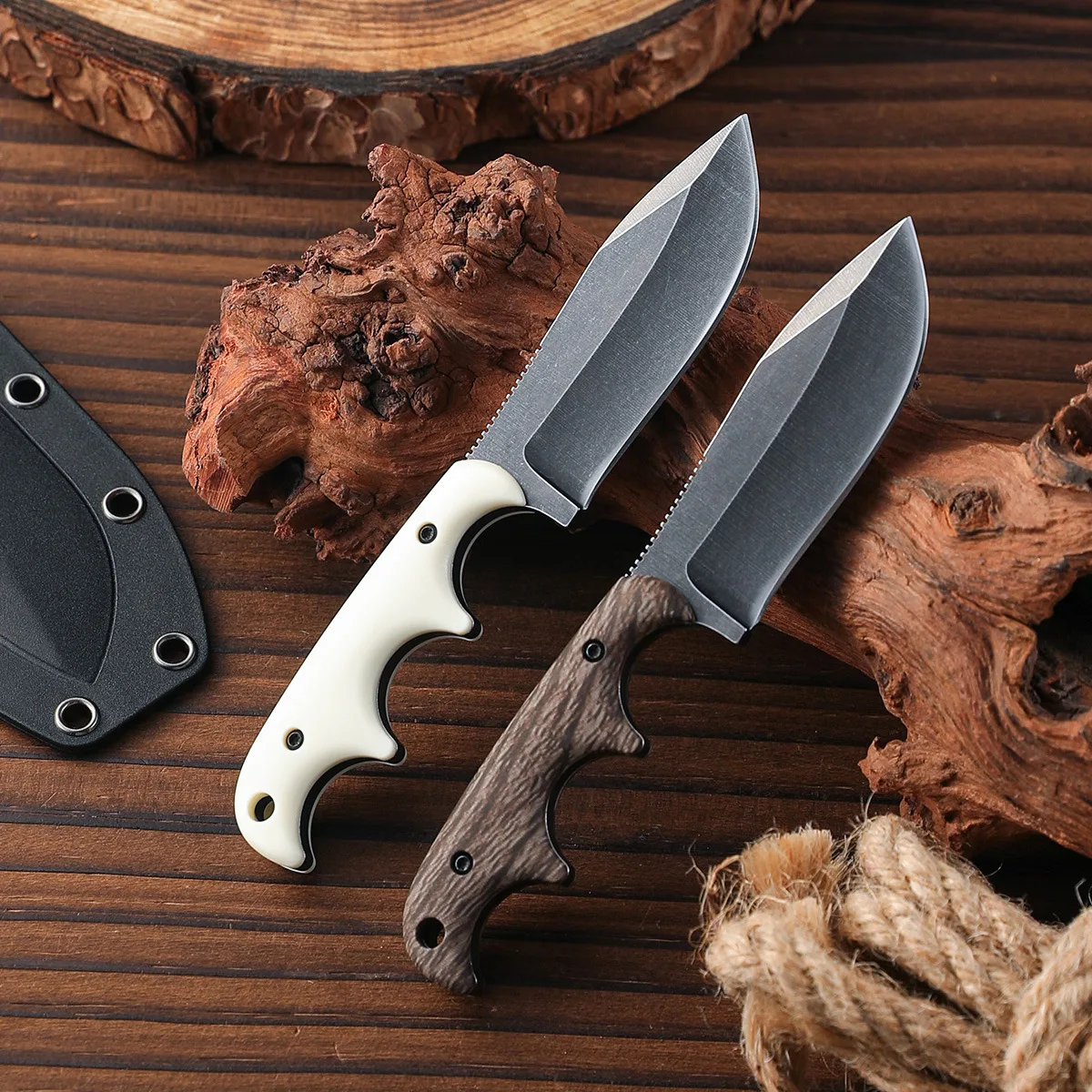 High quality outdoor small straight knife stone washed blade camping edc survival knife, white/wood grain handle + k sheath tool
