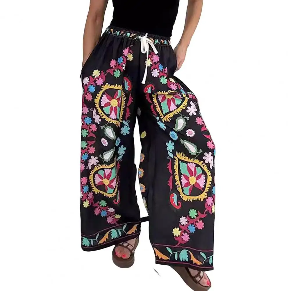 

Women Wide-leg Pants Stylish Women's Drawstring Wide-leg Pants with Exaggerated Printed Design Pockets Imitation for Fashionable