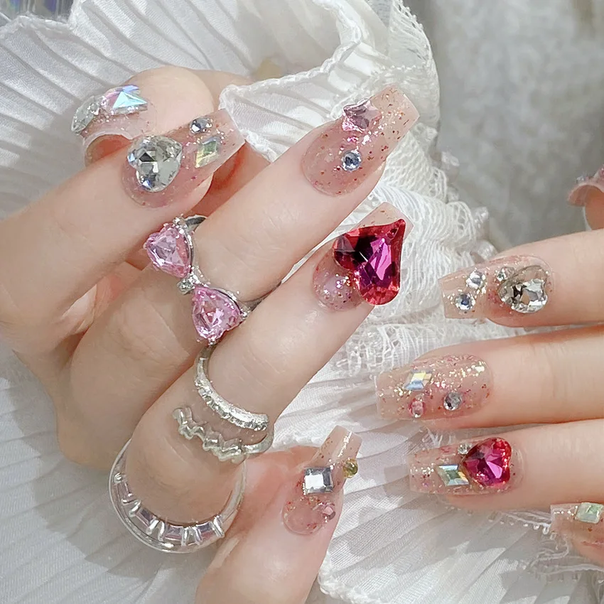 

24pcs Red Heart-shaped Gemstone Press on Nails Metal Bride Wedding Fake Nails Full Cover Wearable Shiny Large Crystal False Nail