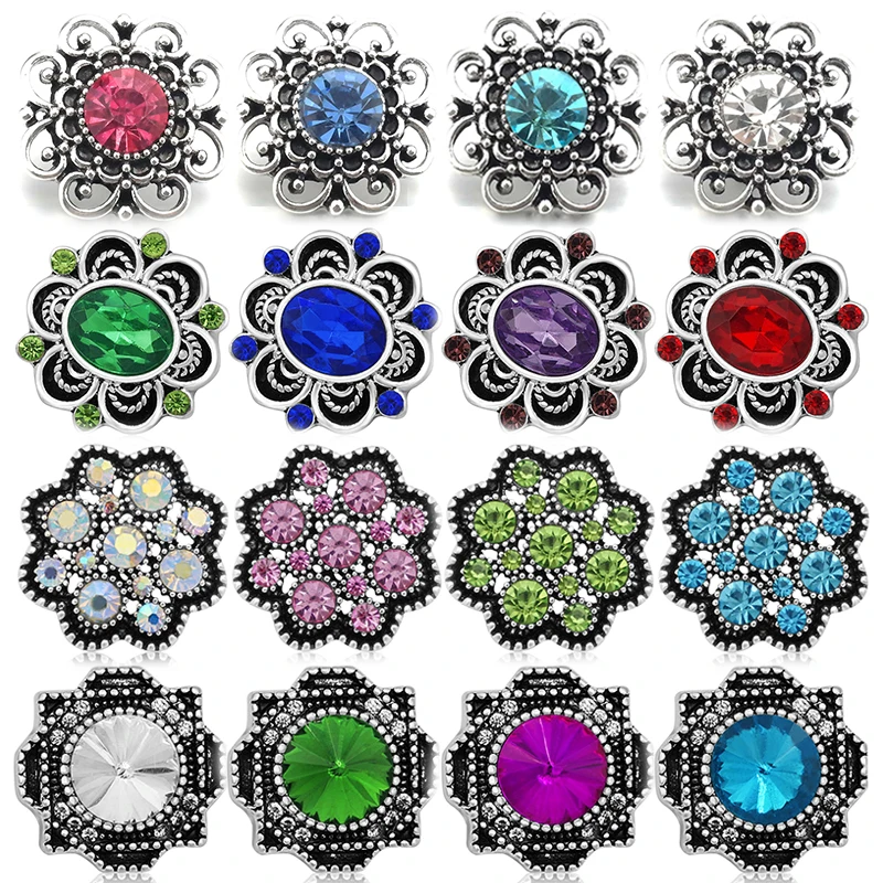 Colorful Rhinestone Flowers Style Beauty Metal Round 18mm snap buttons for DIY 18mm snap jewelry Accessories Women Gift