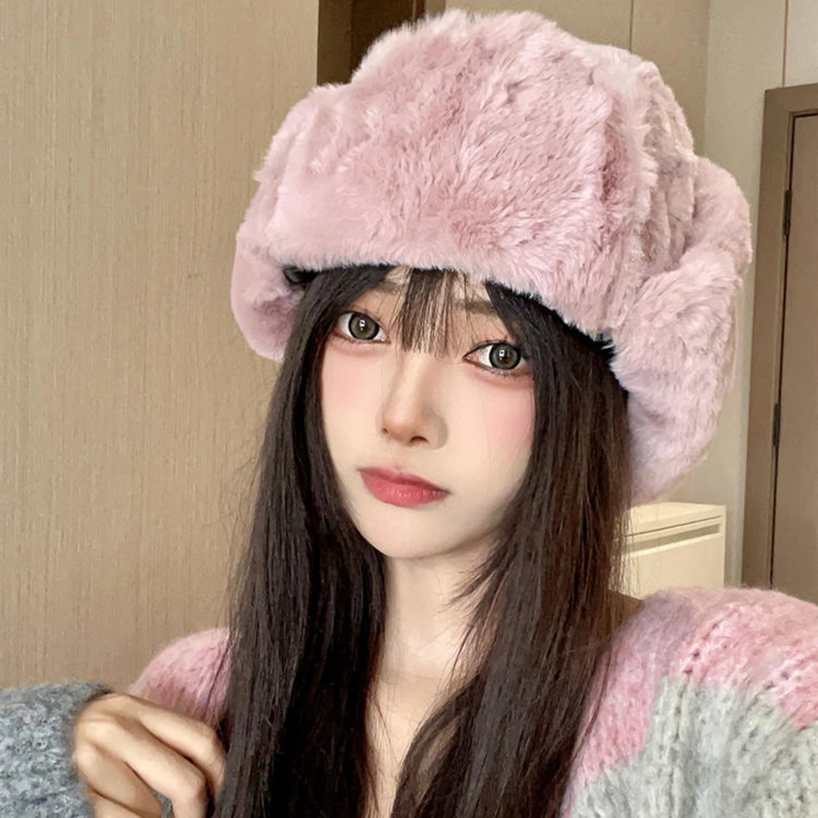 Women Plush Ushanka Hat Winter Warm Snow Hat Fuzzy Trapper Hat Outdoor Accessory