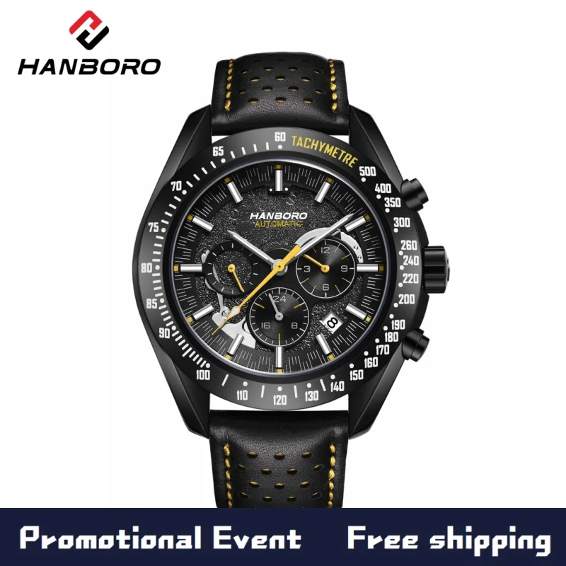 HANBORO Schwarze Chronograph Automatikuhr Herren-Rennuhr mit Tachymeter Mechanische Armbanduhr mit Perforiertem Lederband Sportuhr
