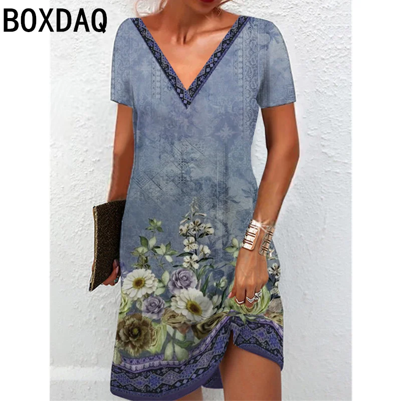 Elegant Vintage Floral Pattern Dress Summer V-neck Short SLeeve Casual A-Line Dress Woman Sundress Beach Holiday Dress Vestidos