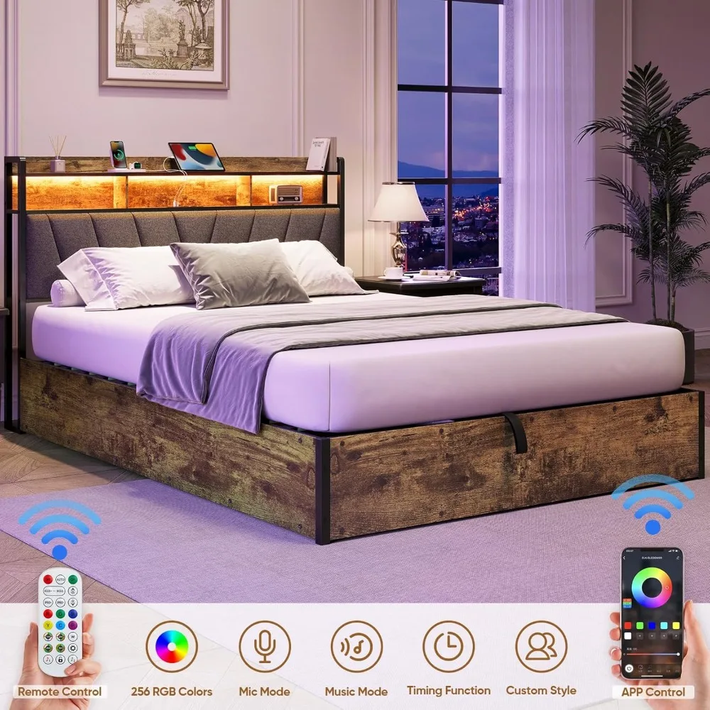 سرير تخزين منجد بإطار رفع، إطار سرير مضاء بإضاءة LED مع قاعدة شحن، سرير بمنصة معدنية مع مخزن من طبقتين